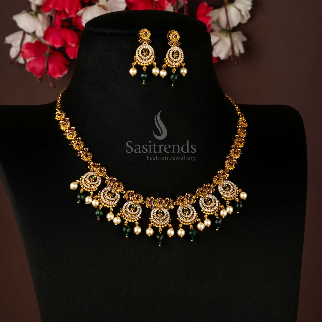 Temple splendour multicolour jewellery with pearls and AD stones in matte finish, reflecting glowing ethnic radiance and graceful heritage glamour by Sasitrends