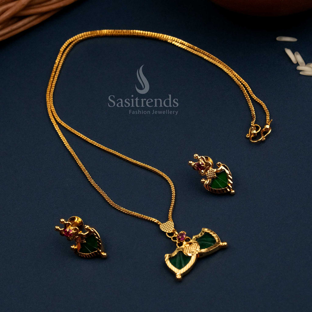 Graceful Kerala Palakka necklace with earrings micro gold finish with striking green enamel accents, crafted for cultural celebrations and traditional elegance – perfect festive piece by Sasitrends