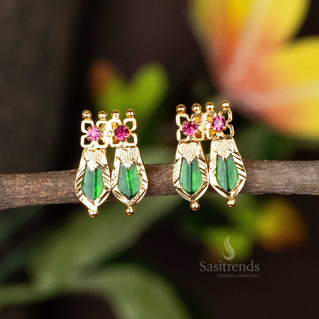 Vibrant green Kerala heritage earrings crafted with micro gold-plated double Palakka Nagapadam elements, showcasing traditional elegance - Sasitrends