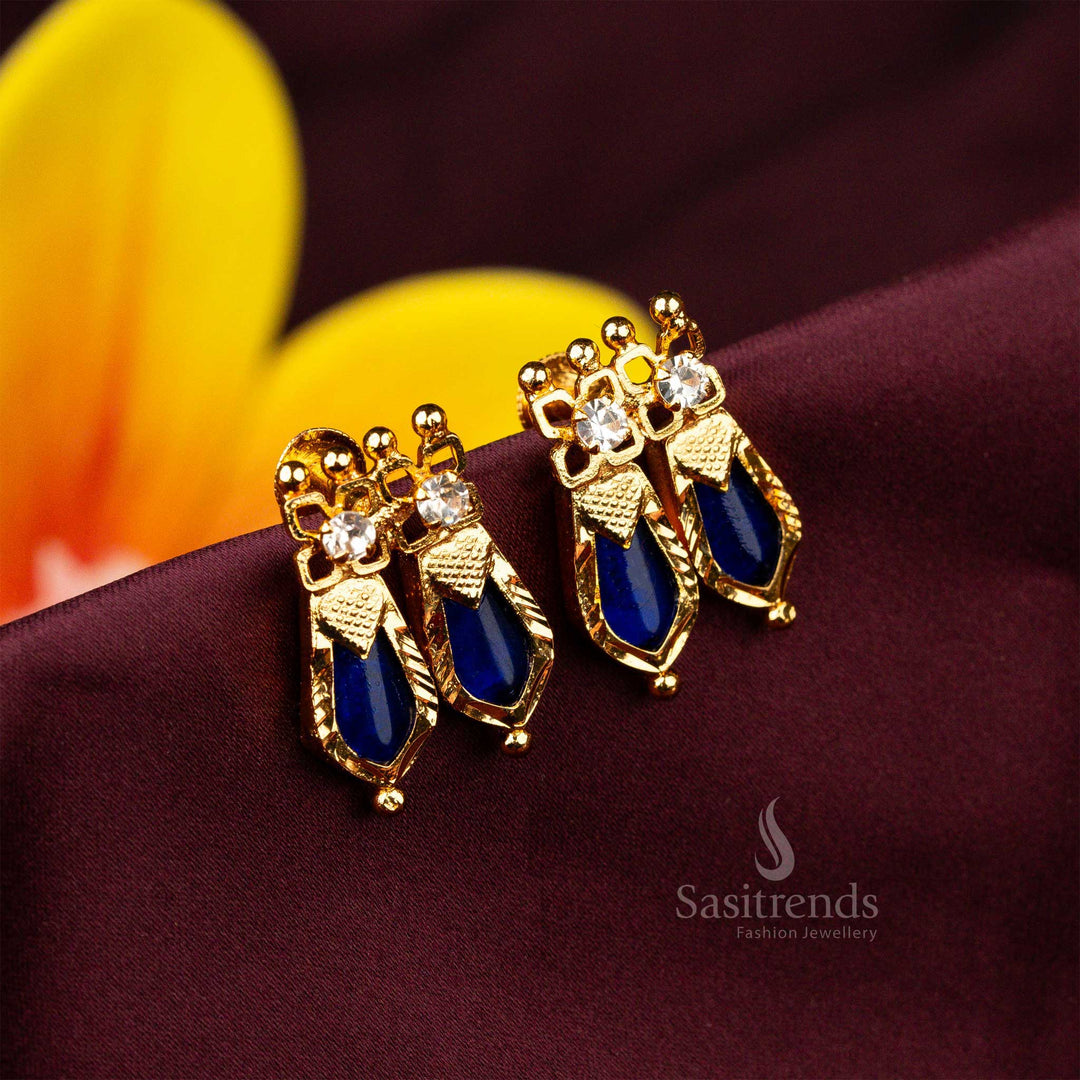 Elegant blue-toned Kerala heritage earrings showcasing double Palakka Nagapadam details with a dazzling micro gold-plated finish - Sasitrends