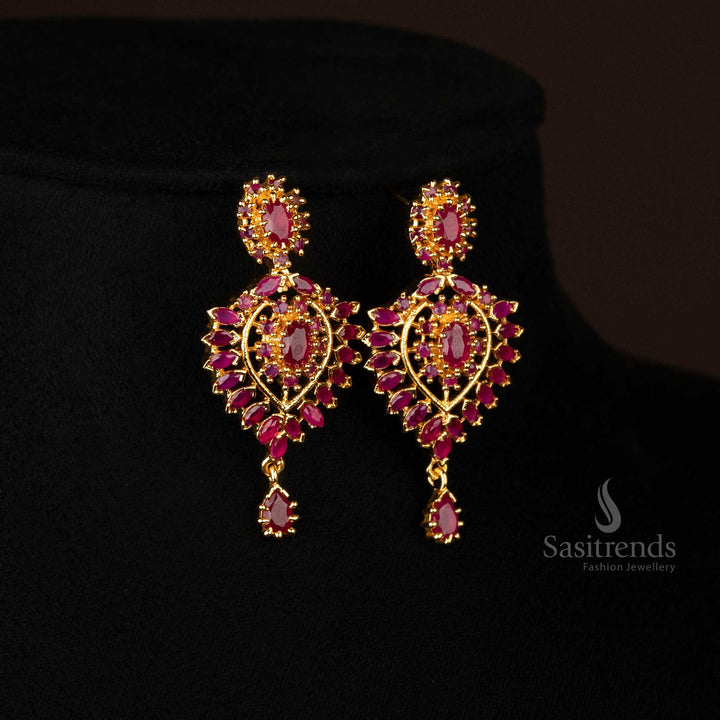 Ruby-studded floral pendant necklace set styled with ethnic wear for women - Sasitrends