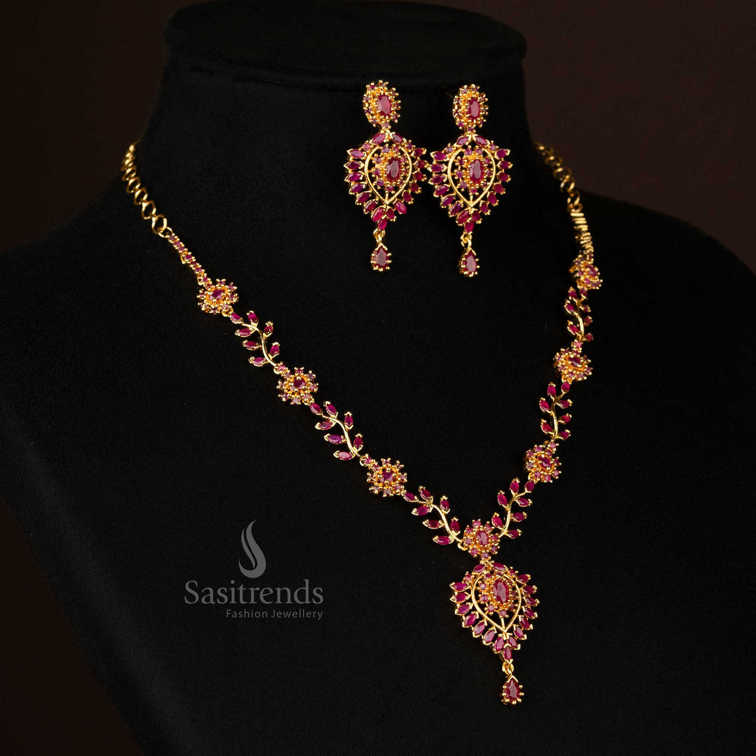 Elegant floral pendant necklace set with ruby accents in a micro gold-plated finish - Sasitrends
