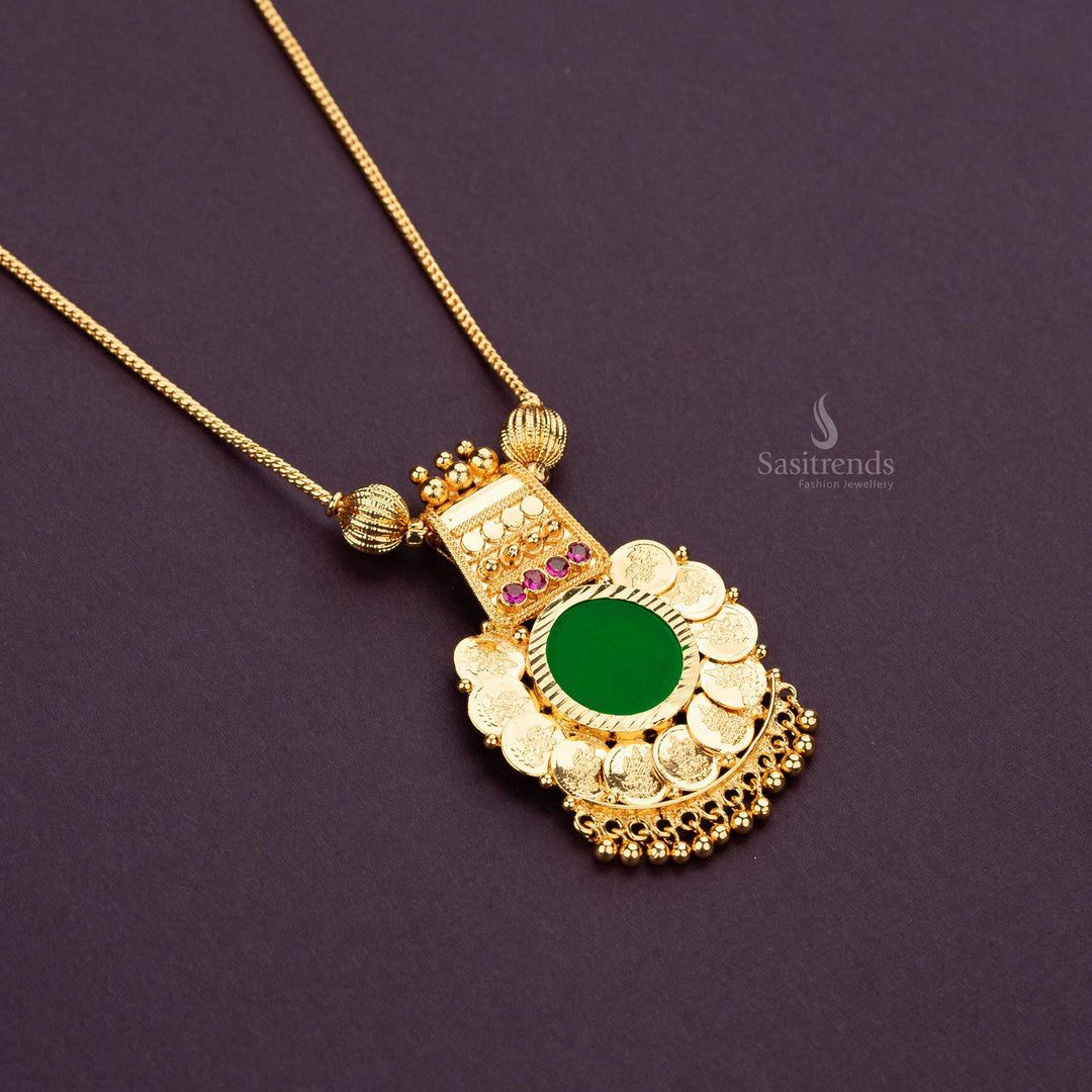 Traditional Green Palakka Necklace with Golden Balls and Lakshmi Coins - Kerala Jewellery