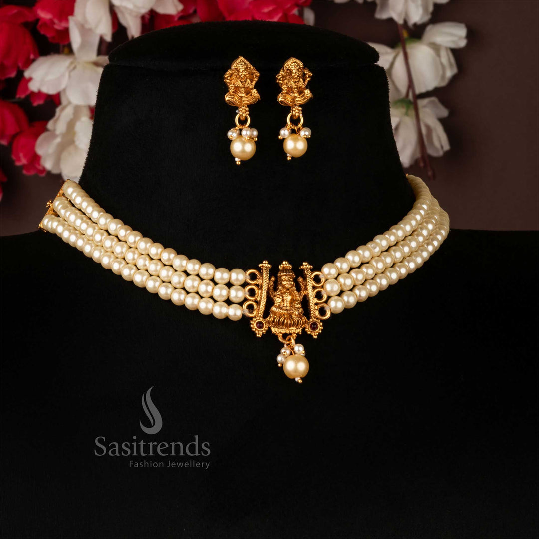 Classic Matt Gold Three Line Pearl Choker Lakshmi Necklace Set - Sasitrends