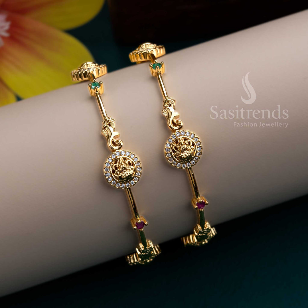 Regal multi-stone-studded Lakshmi design bangles pair with micro gold plating and a radiant diamond glow, enhancing ethnic fashion statements - Sasitrends