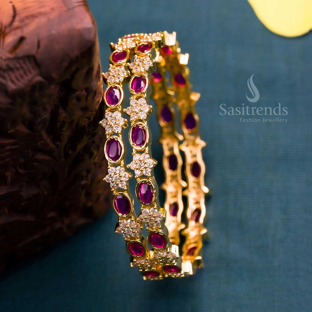 Elegant white and Ruby floral pattern micro gold plated bangles pair with sparkling American diamonds - Sasitrends