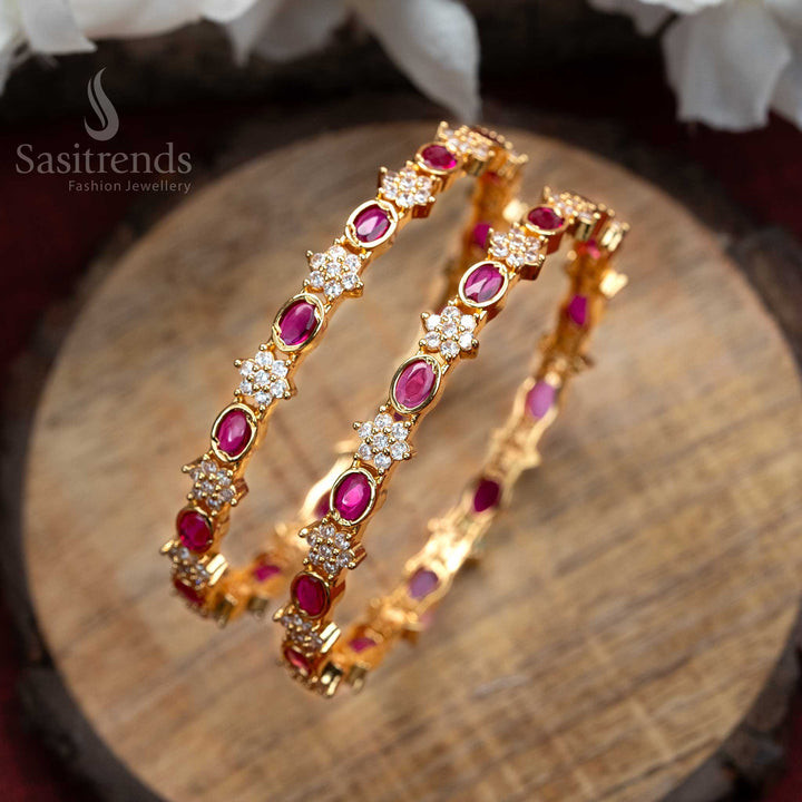 Ornate white and ruby traditional gold plated floral engraved bangles pair with a dazzling diamond glow - Sasitrends