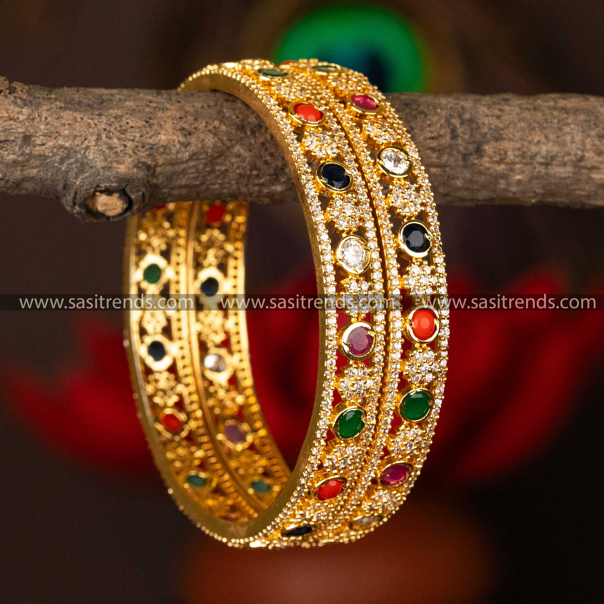 Traditional Micro Gold Plated Navarathna AD Stone Bangles Pair Sasitrends