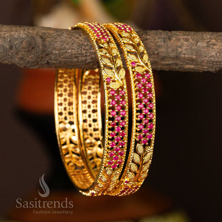 Elegant Micro Gold Plated Leaf Designer Round American Diamond Stones Bangles - Sasitrends