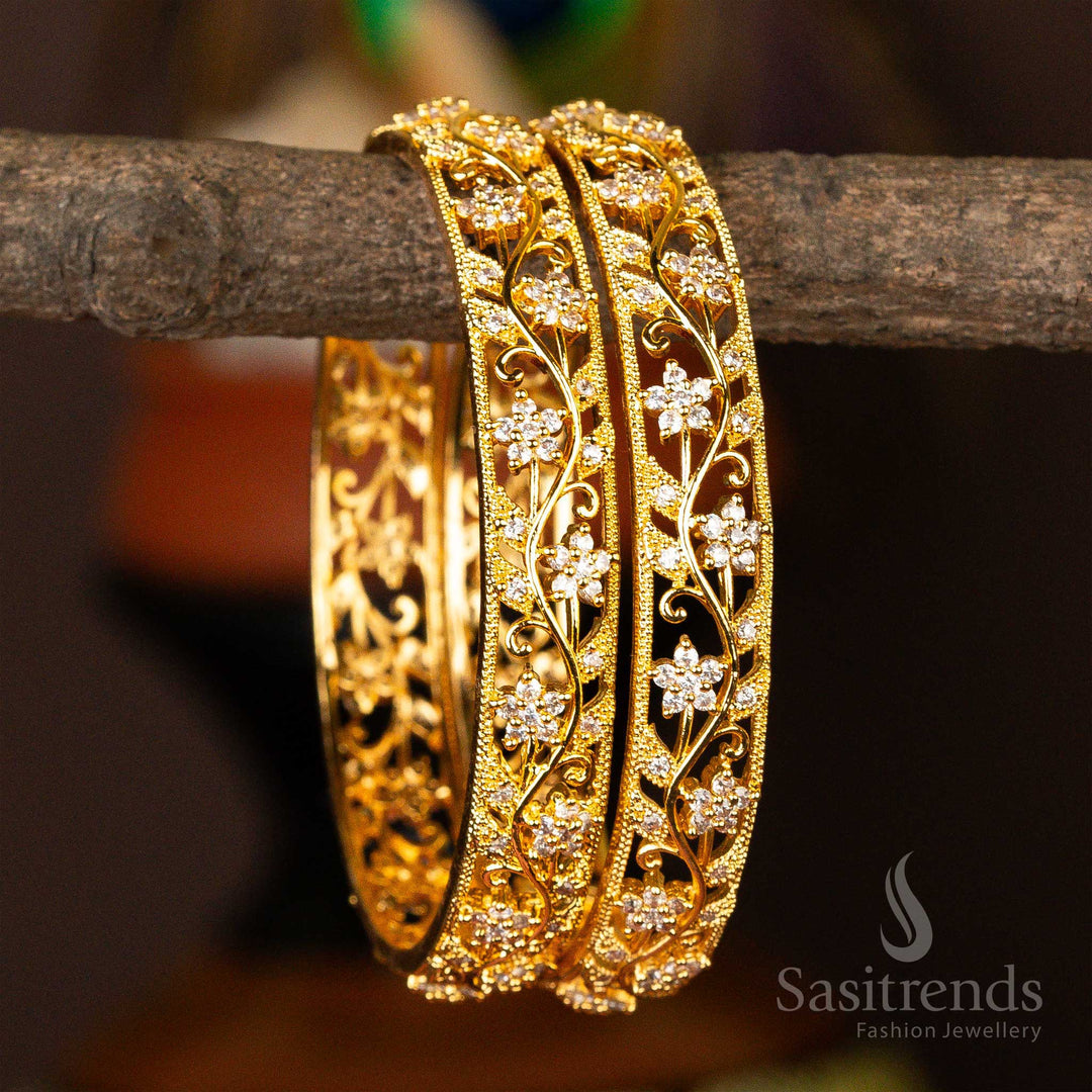 Traditional Wear Micro Gold Plated Star Flower Leaf White Ad Stone Bangles Online Shopping - Sasitrends