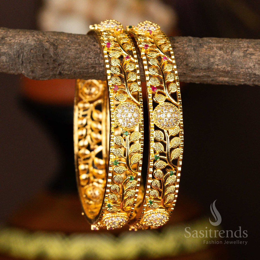 Guaranteed Micro Gold Plated Leaf Center Ball Designer Multi AD Stone Bangles Online Shopping  - Sasitrends