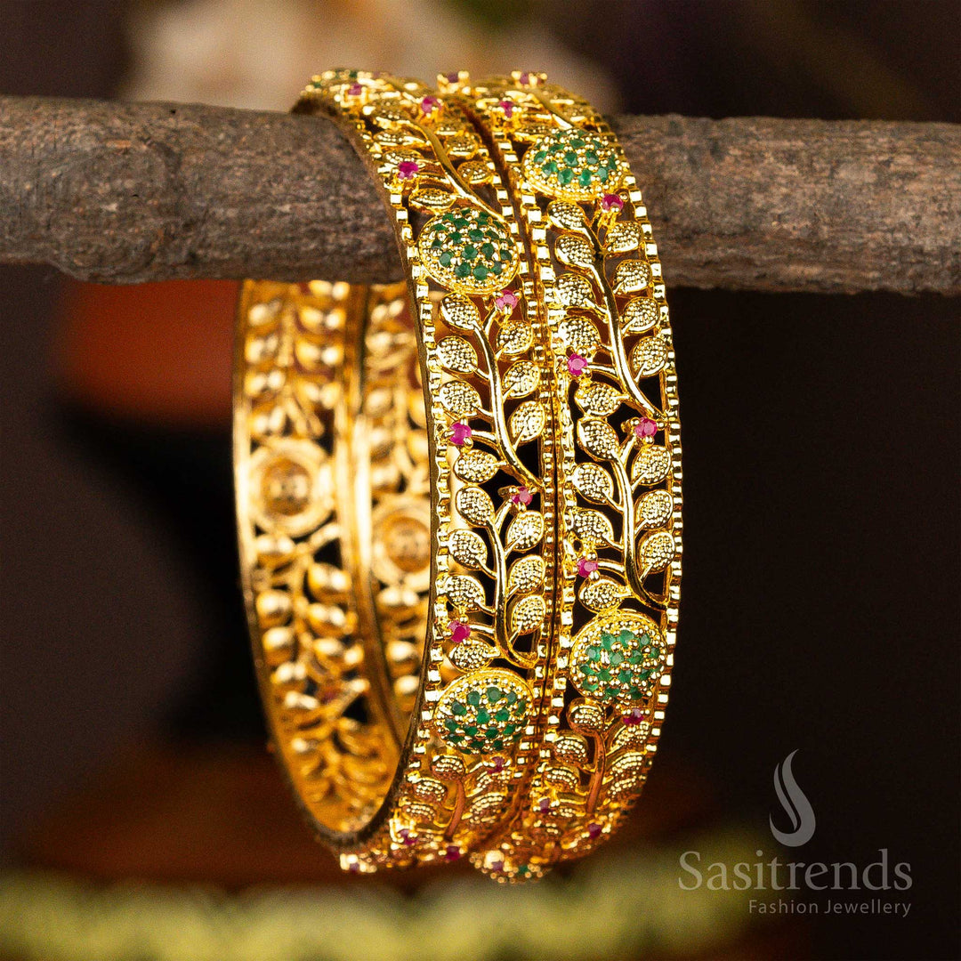 Traditional Micro Gold Plated Leaf Center Ball Designer Green Ruby AD Stone Bangles Sasitrends