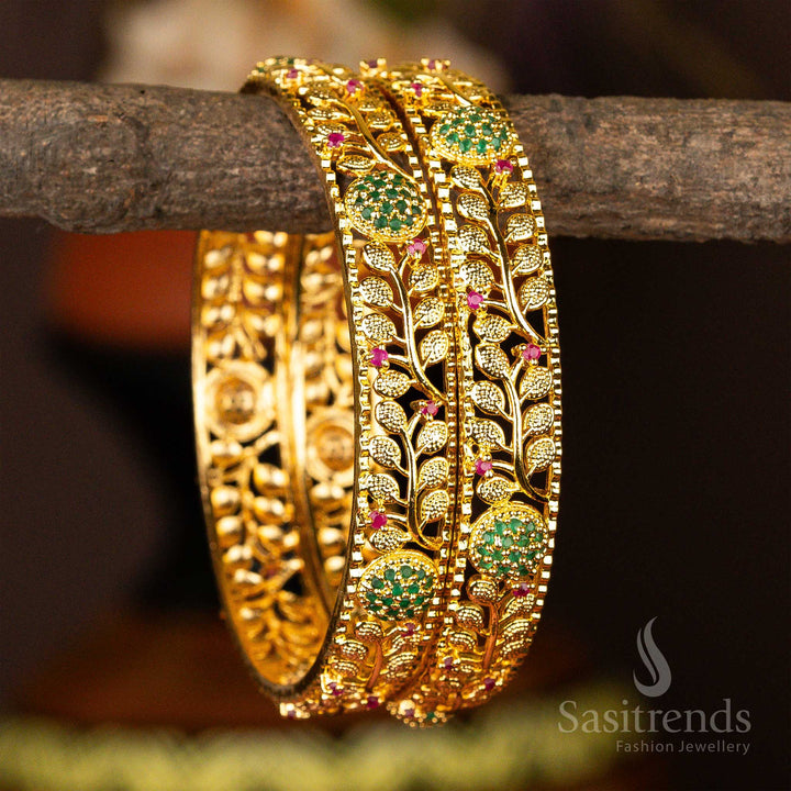 Traditional Micro Gold Plated Leaf Center Ball Designer American Diamond Stones Bangles for Festive Elegance