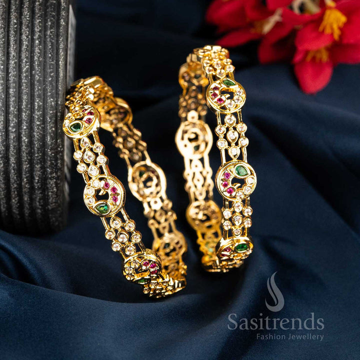 legant peacock inspired micro gold plated American diamond multi stone bangles crafted with festive brilliance and artistic heritage for traditional celebrations – Sasitrends