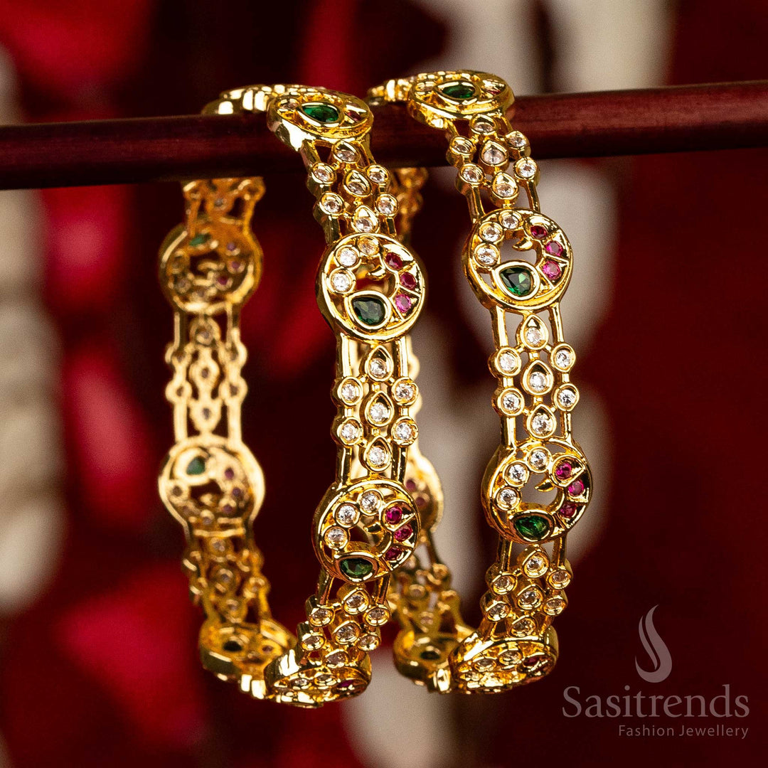 Exquisite peacock motif bangle in size 2.4 with American diamond multicolored stones