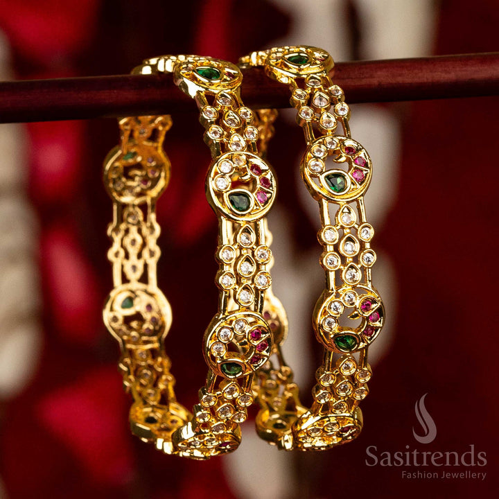 Exquisite peacock motif bangle in size 2.4 with American diamond multicolored stones