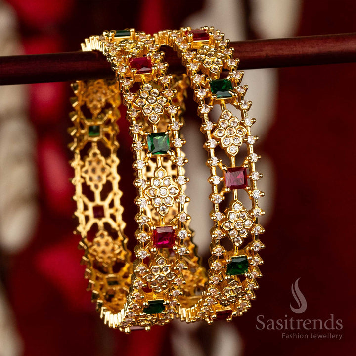 Dual Charm Micro Gold-Plated Bangles with American Diamond Floral & Geometric Motifs