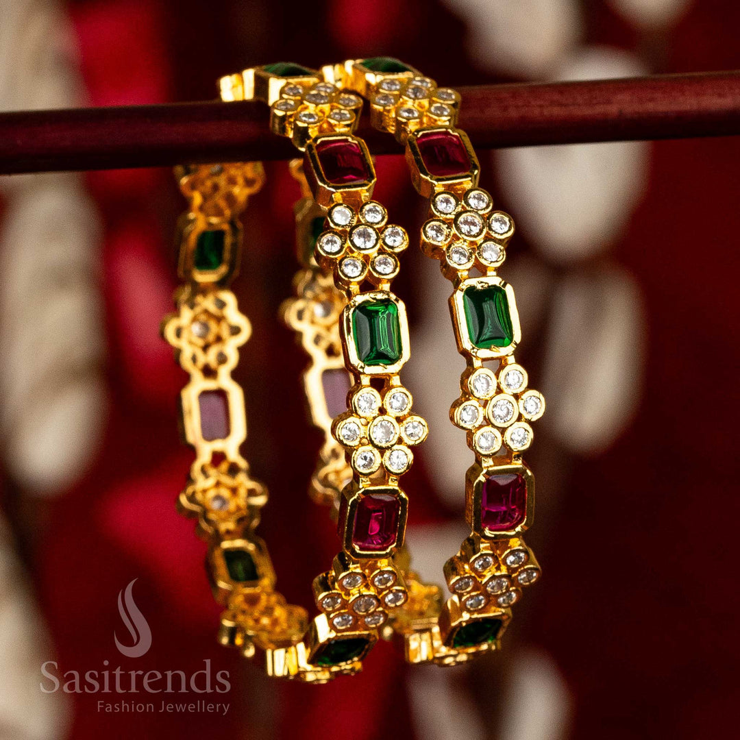 Traditional Micro Gold Finished Flower and Rectangular Pattern American Diamond Stone Studded  Bangles for Women - Latest Festival Collection - Sasitrends