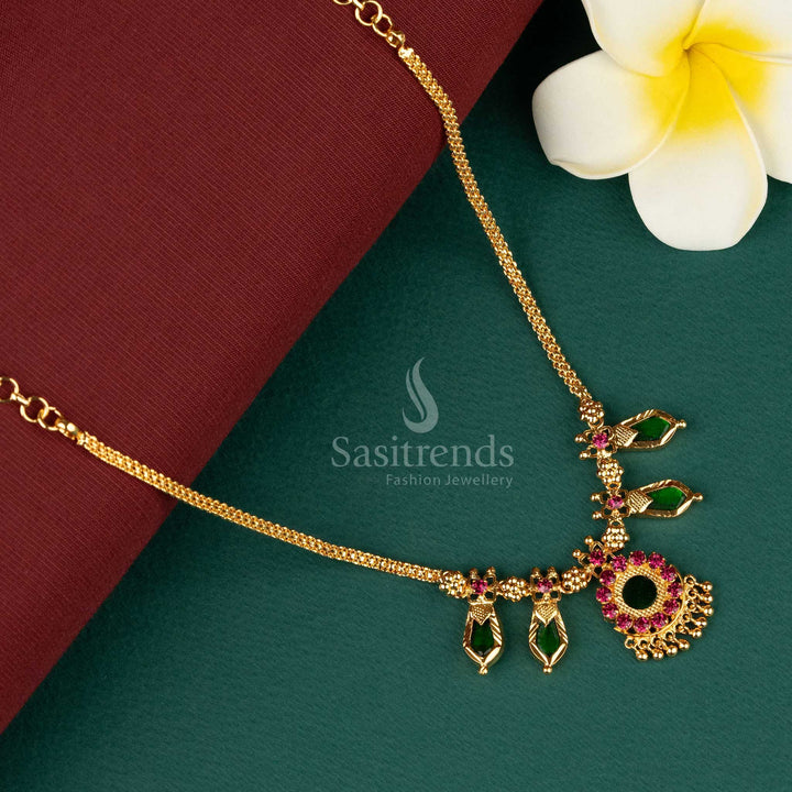 Micro Gold Plated Green Palakka Nagapadam Necklace with Two Petal Design - Sasitrends