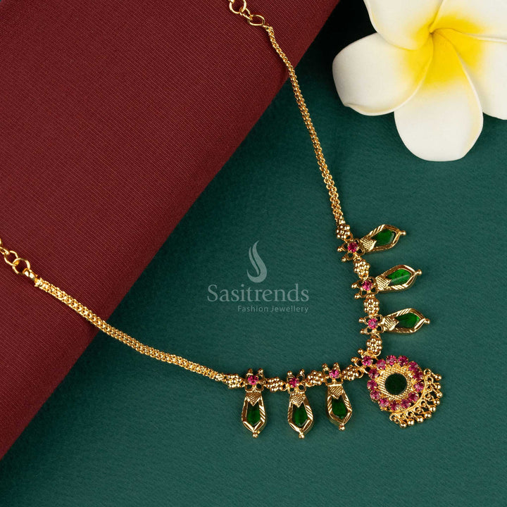 Micro Gold Plated Green Palakka Nagapadam Necklace with Three Petal Design - Sasitrends