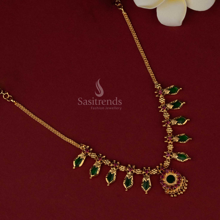 Micro Gold Plated Green Palakka Nagapadam Necklace with Five Petal Design - Sasitrends