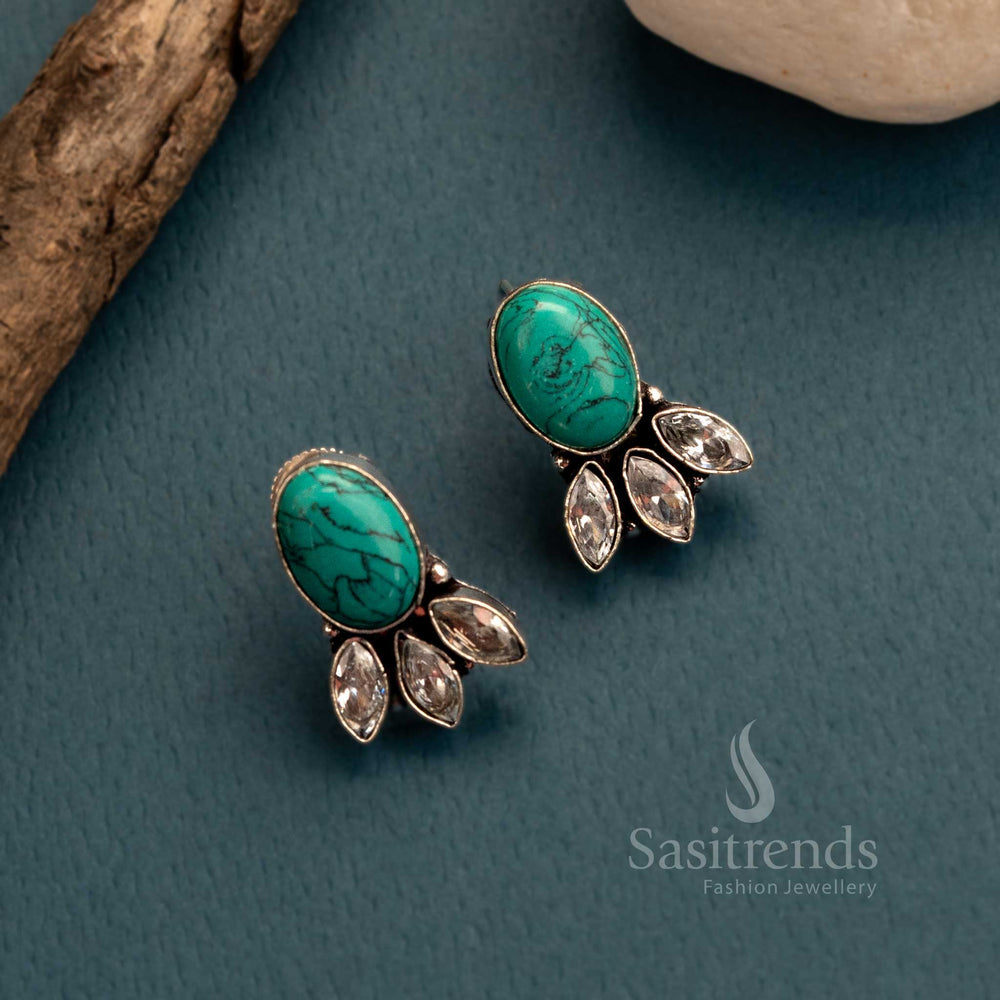 Fresh turquoise toned Monalisa oxidised studs with AD glitter work – trendy jewellery for festive, ethnic, and modern wear – Sasitrends