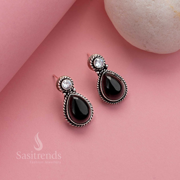 Chic black oxidised silver stud earrings featuring Monalisa and AD stones – a graceful fusion of ethnic style and office-friendly design – Sasitrends