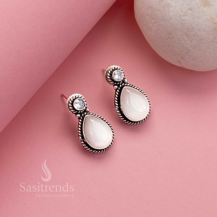 Elegant white oxidised silver studs featuring Monalisa centre stone and AD twinkles – stylish jewellery for business and semi-ethnic looks – Sasitrends