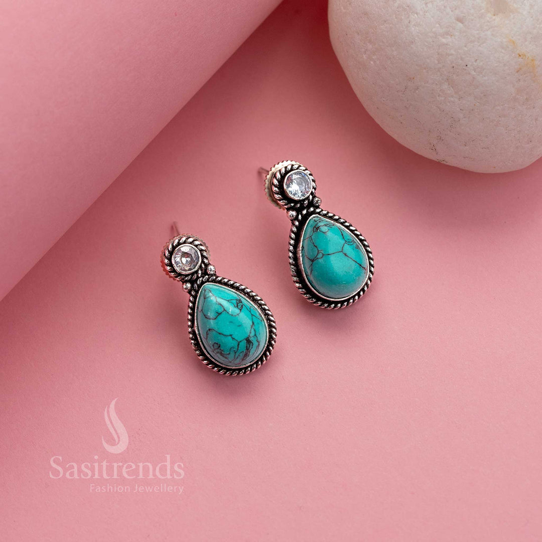 Elegant turquoise Monalisa oxidised silver studs with glittering AD stone sheen – cultural jewellery with office elegance – Sasitrends