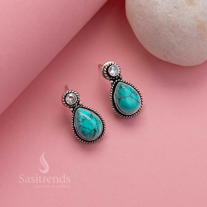 Elegant turquoise Monalisa oxidised silver studs with glittering AD stone sheen – cultural jewellery with office elegance – Sasitrends