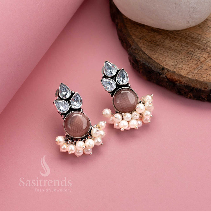Exquisite Traditional Oxidised German Silver Earrings with Monalisa Stone and AD Stones, Adorned with Pearl Drops