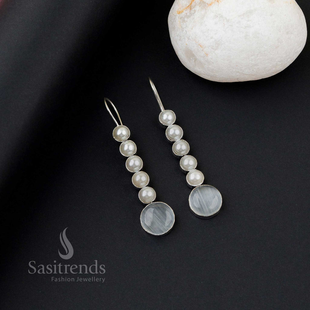 Bold white oxidised silver earrings with five pearl line, Monalisa stones and captivating stone flair – perfect office wear jewellery by Sasitrends