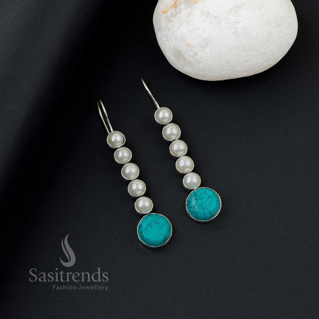 Vibrant turquoise oxidised silver earrings with five pearl line, Monalisa stones and dreamy accent gleam – bright everyday wear jewellery by Sasitrends