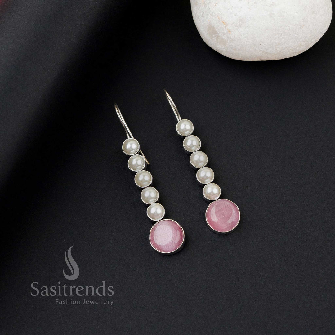 Captivating pink oxidised silver earrings with five pearl line, Monalisa stones and dreamy drape wave – perfect office wear jewellery by Sasitrends