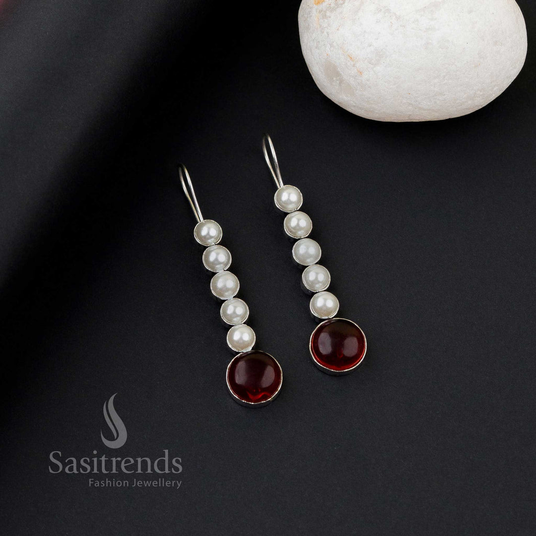 Chic vinous oxidised silver earrings with five pearl line, Monalisa stones and graceful wave touch – fashionable office jewellery by Sasitrends