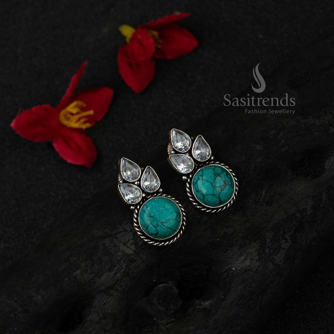 Boho-Inspired Turquoise Oxidised German Silver Earrings Featuring Artistic AD Stones And Monalisa Sparkle – Creative Artisanal Jewellery For Unique Looks - Sasitrends