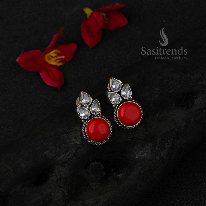 Bold Red Oxidised German Silver Earrings Featuring AD And Monalisa Stone Charm – A Festive And Traditional Jewellery Piece For Celebrations - Sasitrends
