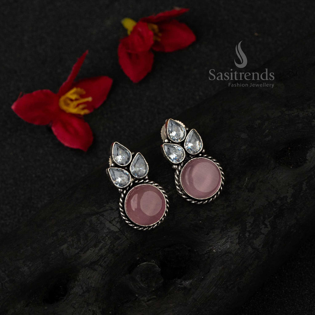 Charming Pink Oxidised German Silver Earrings With Mesmerising Monalisa Stones And Sparkling AD Accents – Fusion Fashion Jewellery For Elegant Women - Sasitrends