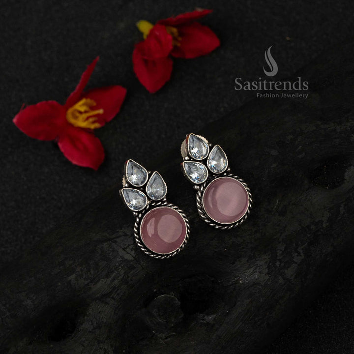 Charming Pink Oxidised German Silver Earrings With Mesmerising Monalisa Stones And Sparkling AD Accents – Fusion Fashion Jewellery For Elegant Women - Sasitrends