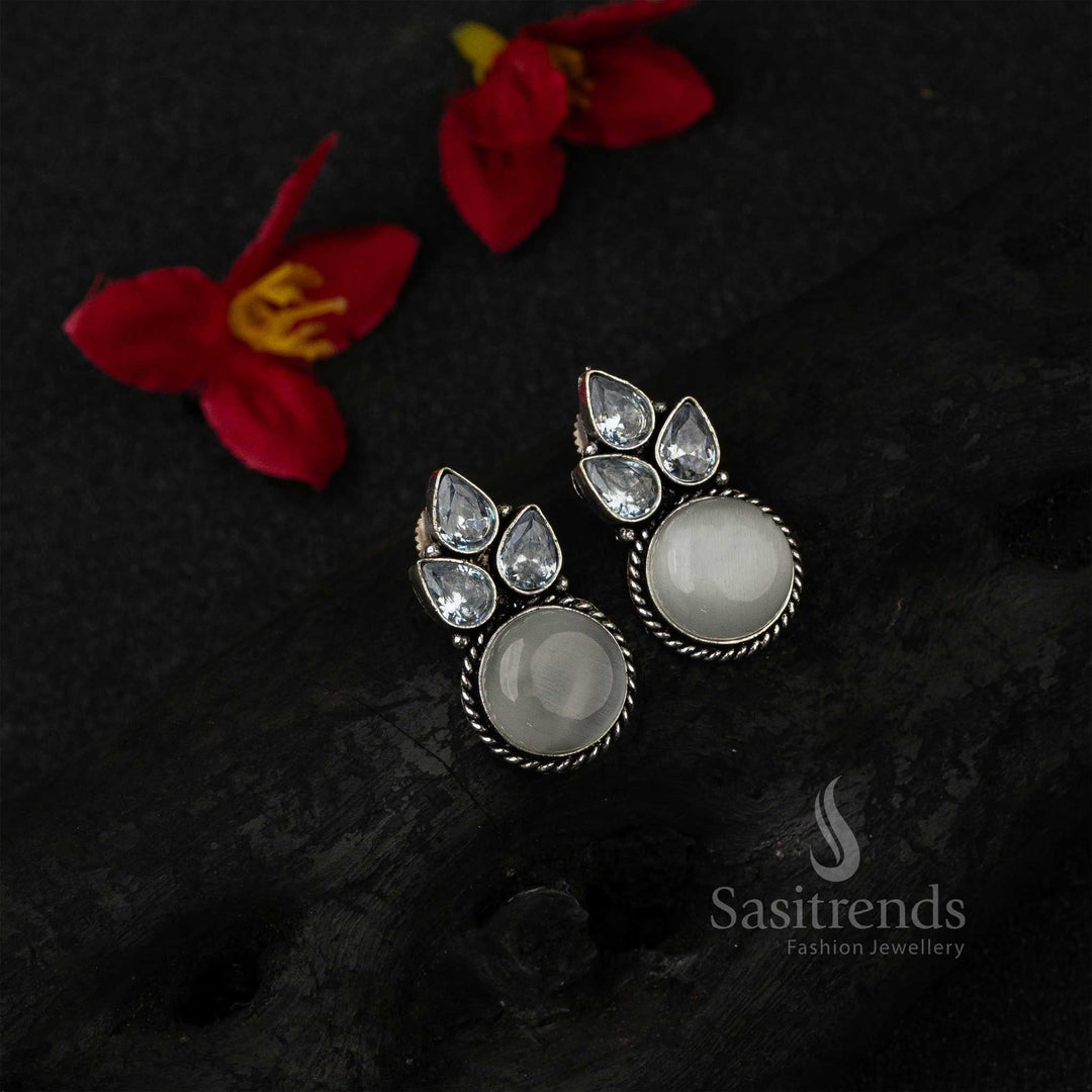 Classic White Oxidised German Silver Earrings With Glittering AD And Radiant Monalisa Stones – Ethnic Refined Wear Jewellery For A Graceful Appeal - Sasitrends