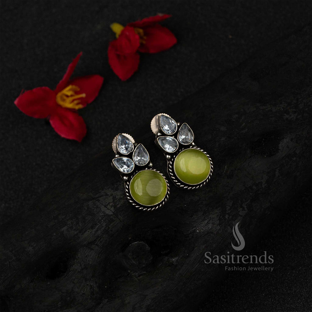 Delicate Mint Green Oxidised German Silver Earrings Featuring Glittering AD And Dreamy Monalisa Stones – Modern Traditional Jewellery Blend - Sasitrends