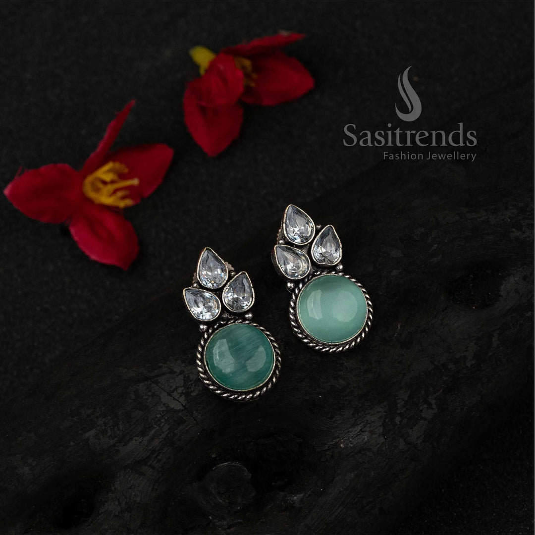 Delicate Mint Oxidised German Silver Earrings Featuring Glittering AD And Dreamy Monalisa Stones – Modern Traditional Jewellery Blend - Sasitrends