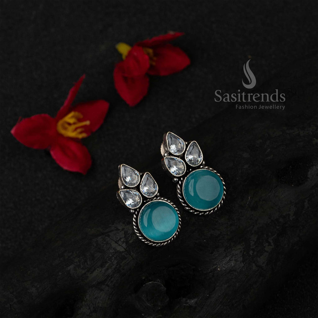 Dreamy Sky-Blue Oxidised German Silver Earrings With Monalisa Stones And Dazzling AD Accents – A Fresh Take On Elegant Fashion Jewellery - Sasitrends