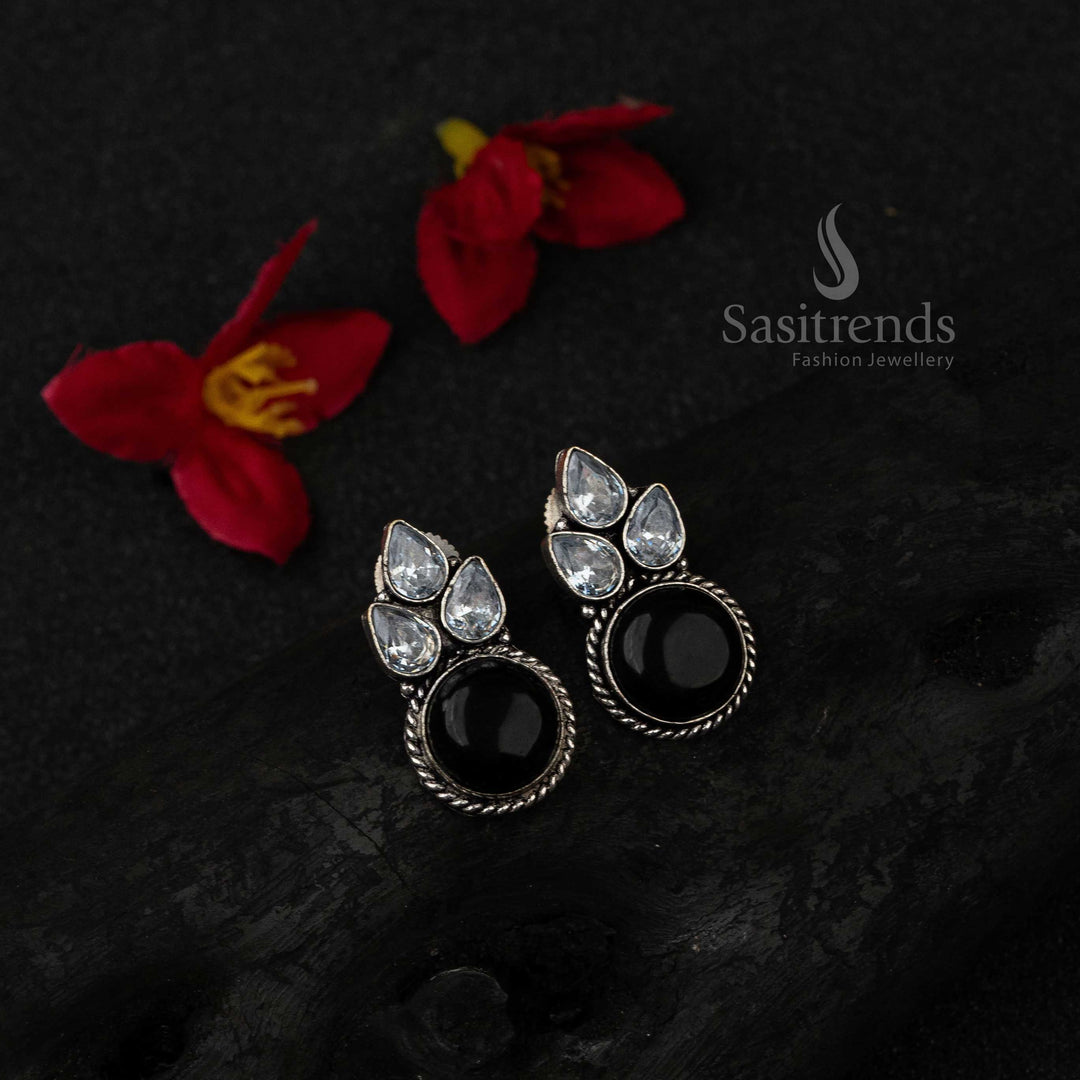 Elegant Black Oxidised German Silver Earrings Adorned With Sparkling AD Stones And Shimmering Monalisa Accents – A Royal Finish For Traditional Statement Jewellery - Sasitrends