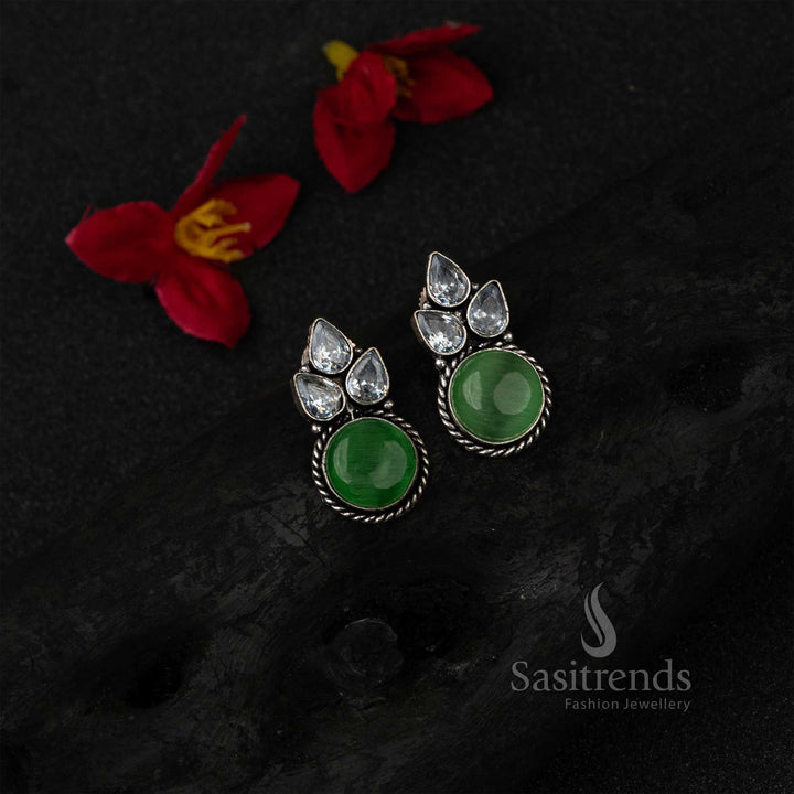 Fresh Light Green Oxidised German Silver Earrings With Gleaming AD And Subtle Monalisa Stones – Trendy Cultural Wear Jewellery For Ethnic Grace - Sasitrends