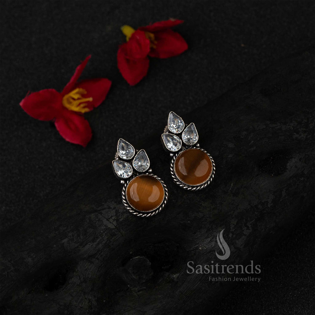 Graceful Peach Oxidised German Silver Earrings Designed With Beautiful Monalisa Stones And AD Sparkle – Casual Yet Chic Jewellery Style - Sasitrends