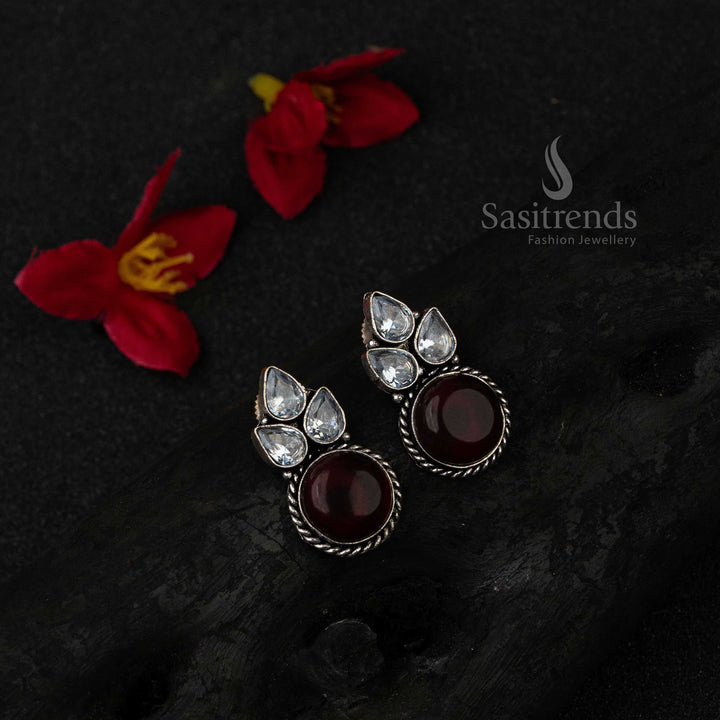 Luxurious Vinous Oxidised German Silver Earrings Embellished With Bright AD Stones And Graceful Monalisa Glow – A Royal Traditional Jewellery Statement - Sasitrends