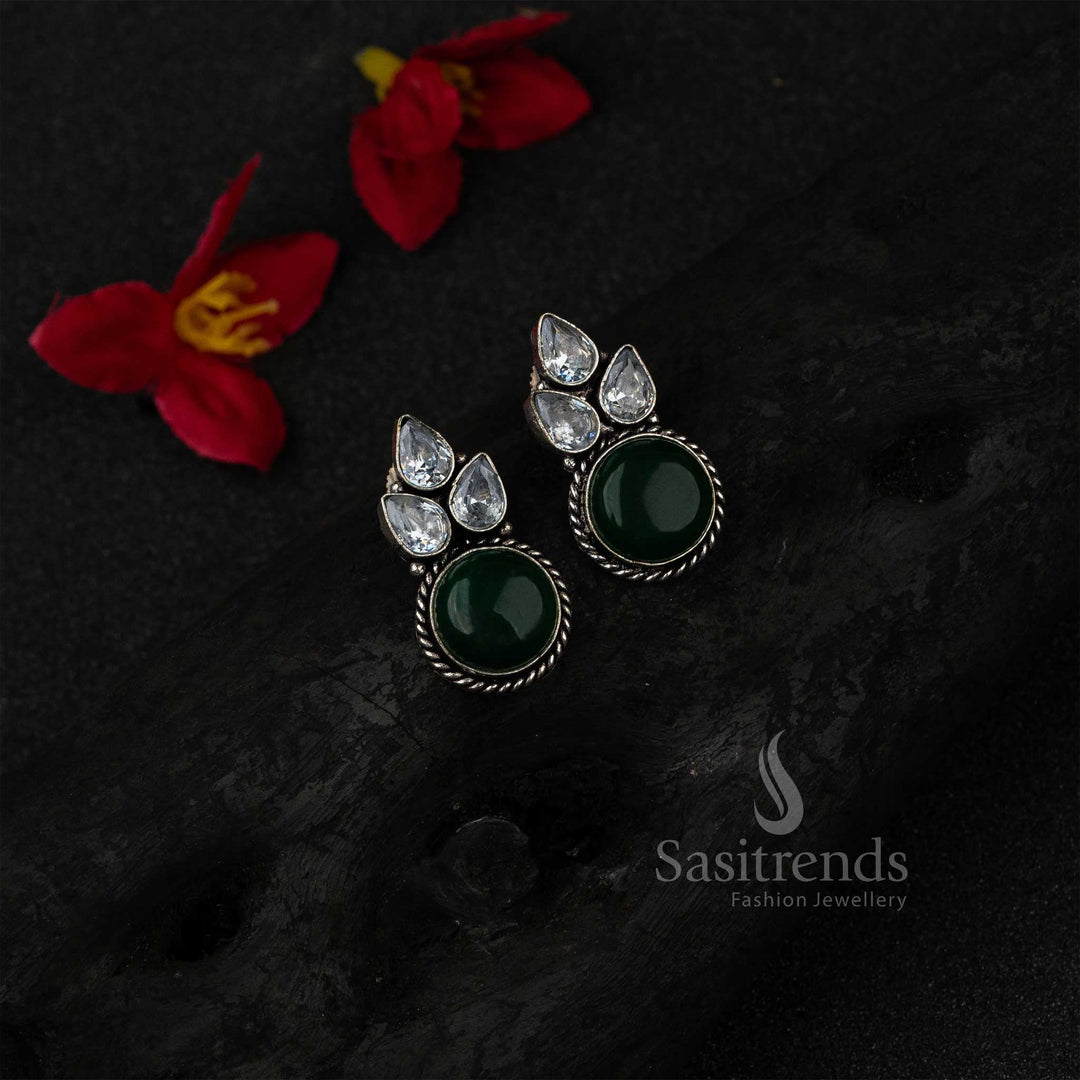 Regal Dark Green Oxidised German Silver Earrings Embellished With Radiant Monalisa And AD Stones – A Graceful Festive Look Jewellery Option - Sasitrends