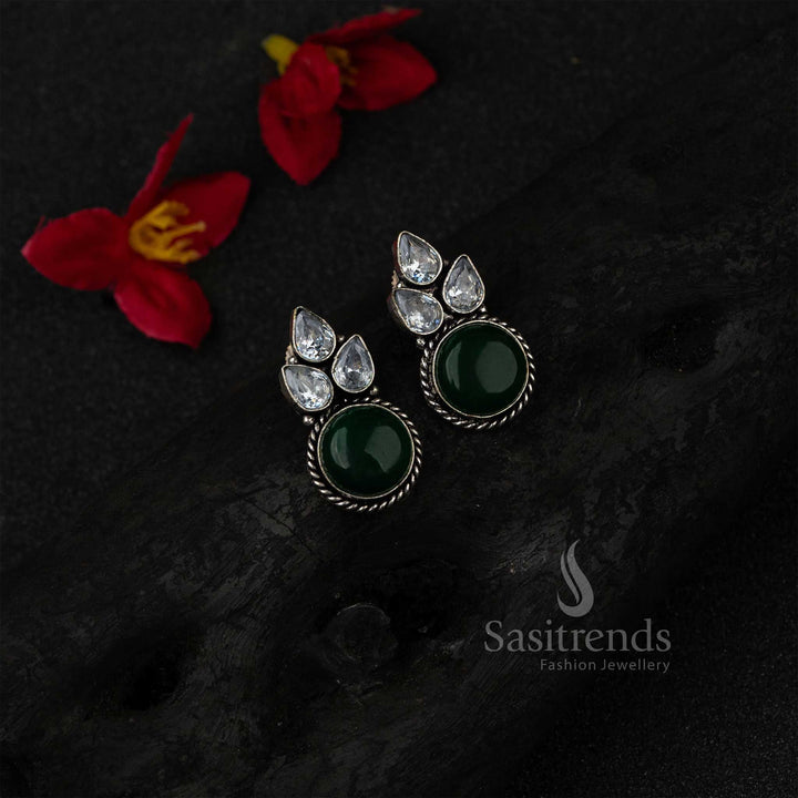 Regal Dark Green Oxidised German Silver Earrings Embellished With Radiant Monalisa And AD Stones – A Graceful Festive Look Jewellery Option - Sasitrends