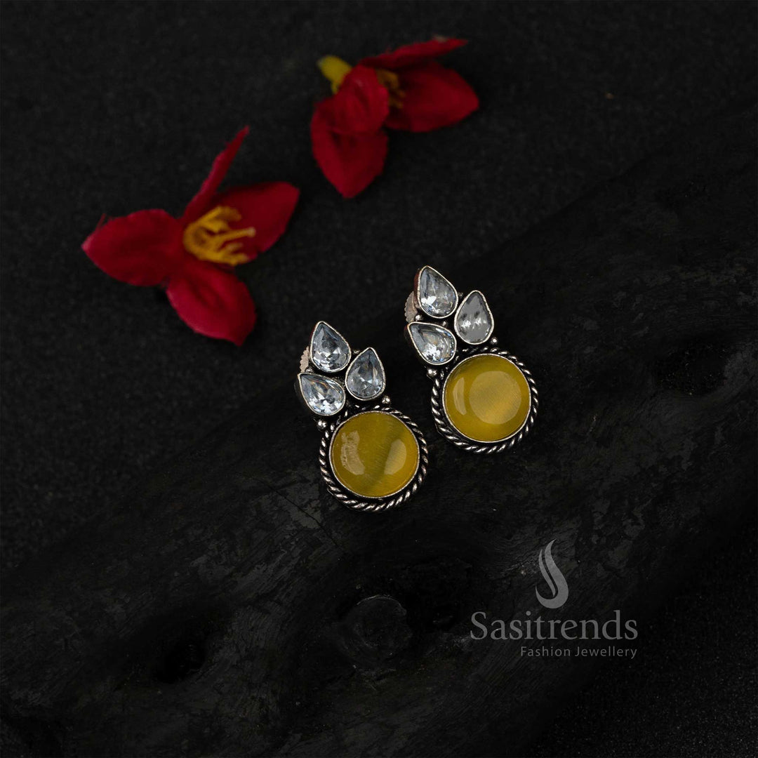 Vibrant Yellow Oxidised German Silver Earrings With Joyful Monalisa Sparkle And Shiny AD Stones – A Trendy Jewellery Piece For Bright Celebrations - Sasitrends